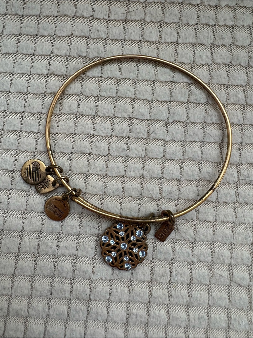 Vintage Alex and Ani Gold Filigree Snowflake Charm Bangle with Ice Blue Crystals